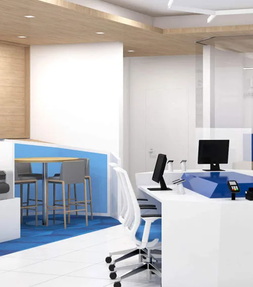 Clean bank branch interior with service desks
